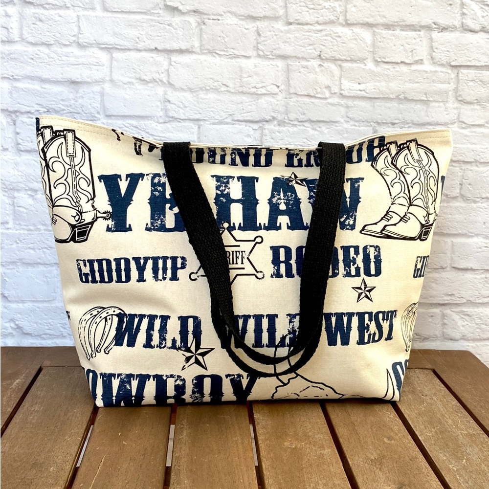 Handmade Foldable Travel/Market Tote - Navy Blue Text Western Cowboy The…